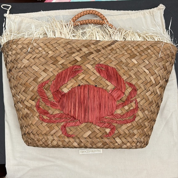 FRANCES VALENTINE Crab Embroidered Wicker Fringe Top Tote Bag